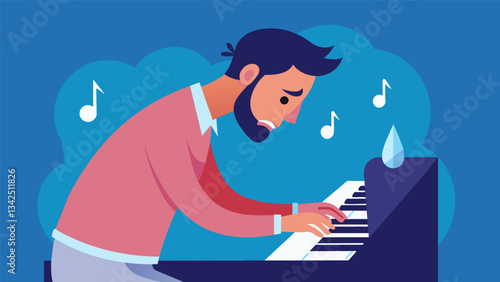 A man sitting in front of his piano tears streaming down his face as he plays a heartfelt melody. The music acts as a catharsis allowing him to release his pentup emotions and find. Vector