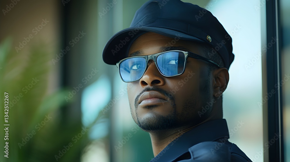 A security guard monitoring security cameras, leaving room for text A security guard monitoring security cameras, leaving room for text