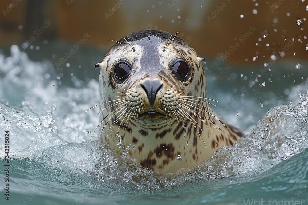 Obraz premium Playful Sea Lion Splashes Joyfully in Clear Water During a Sunny Day at the Marine Sanctuary
