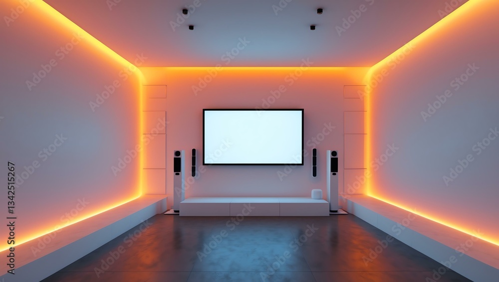 Aesthetic gradient white to orange themed home theater interior concept Aesthetic gradient white to orange themed home theater interior concept