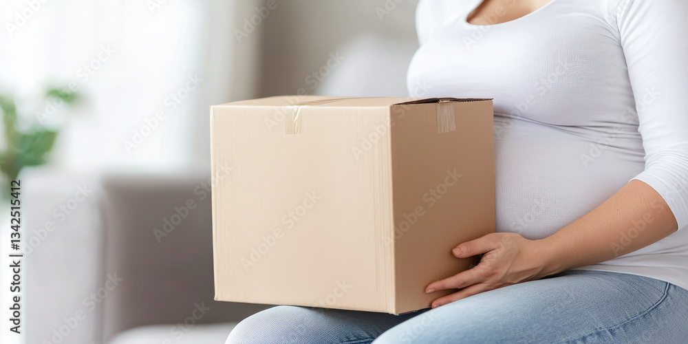 Fototapeta premium A pregnant woman sits on a couch in the living room with a cardboard box. Delivery of goods and care products for pregnant women.