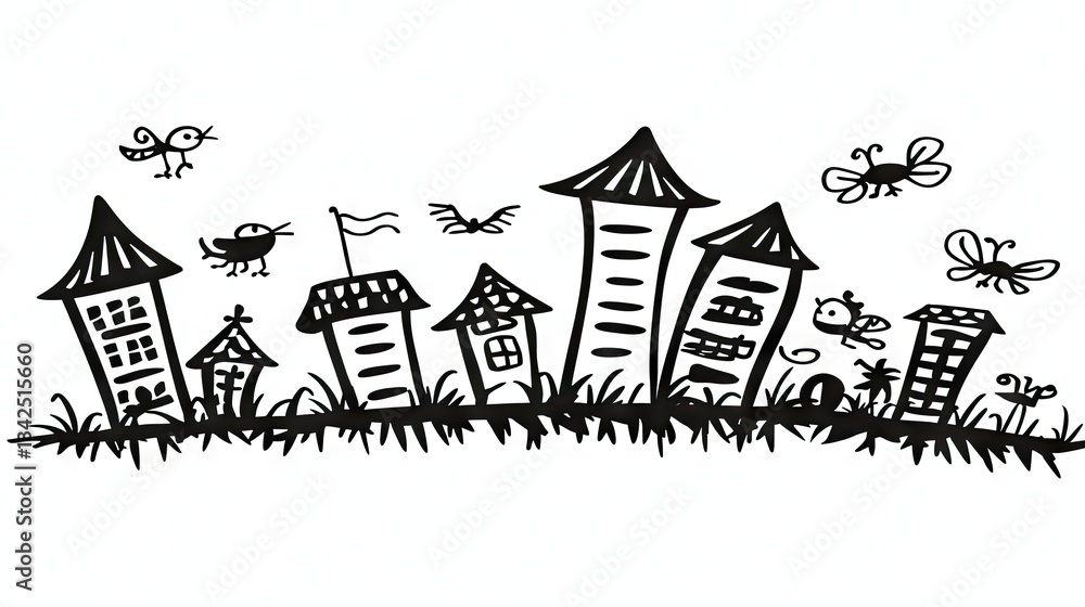 Obraz premium Cartoon skyline featuring buildings, plants, and cartoon animals, ideal for children's content