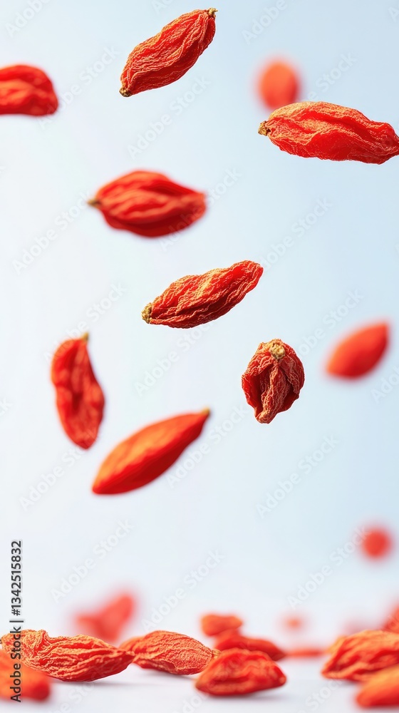 Dried Red Goji Berries Falling Against a White Background – Studio Lighting with Bright Colors and Ultra-Clear Detail in Realistic Vertical Composition
Dried Red Goji Berries Falling Against a White Background – Studio Lighting with Bright Colors and Ultra-Clear Detail in Realistic Vertical Composition