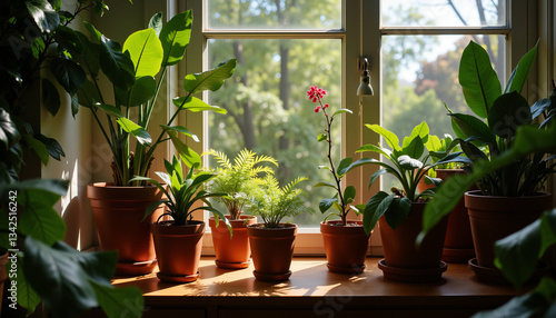 Brightly lit indoor garden with various potted plants providing a refreshing atmosphere against a sunny window backdrop.