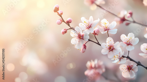 Delicate cherry blossom branch on a soft background. Whispering Growth. Illustration