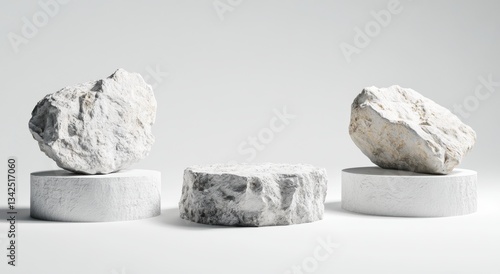 Modern Minimalist Display with White Rocks on Circular Bases