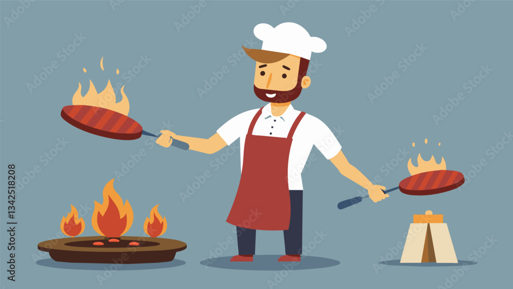 The asadors skilled hands expertly flip sizzling steaks and perfectly charred sausages.. Vector illustration