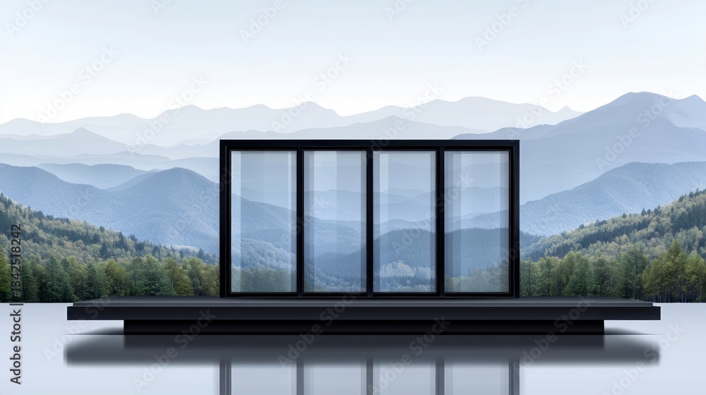 Fototapeta premium Modern Mountain View Home Exterior Triple Pane Windows Sleek Design Serene Landscape