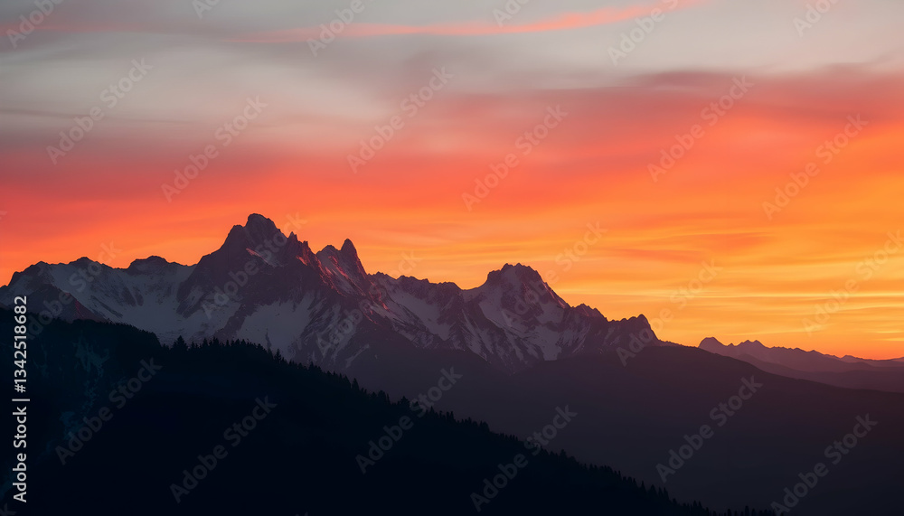 Majestic Mountain Sunset Fiery Sky Dramatic Peaks Nature Landscape Panorama View Majestic Mountain Sunset Fiery Sky Dramatic Peaks Nature Landscape Panorama View