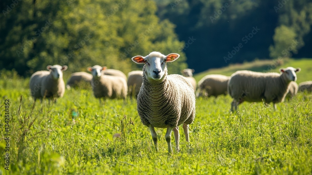 Sheep Grazing in Green Field Sheep Grazing in Green Field
