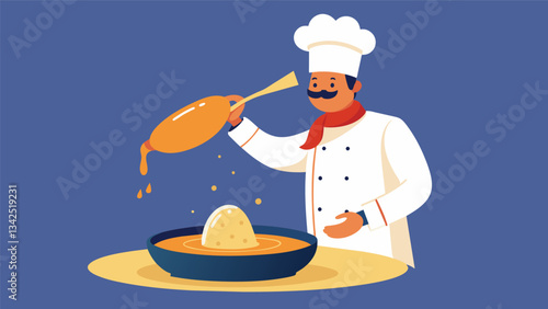 The chef carefully drizzles a savory garlic sauce on top of the mofongo elevating its flavor profile even more.. Vector illustration