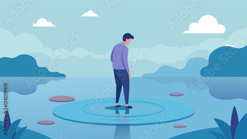 A man stands at the edge of a quaint pond his feet planted firmly on the ground as he takes slow deliberate breaths his mind clearing with each exhale as the water ripples in the. Vector illustration