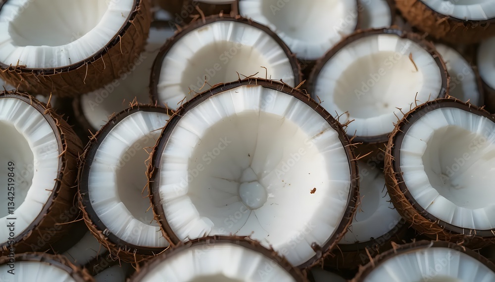 A captivating collection of pristine coconut halves, showcasing their creamy white interiors and rich brown husks, a tropical bounty ready for refreshment. A captivating collection of pristine coconut halves, showcasing their creamy white interiors and rich brown husks, a tropical bounty ready for refreshment.
