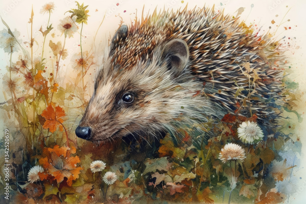 Fototapeta premium hedgehog in autumn grass., watercolor style, Generative AI