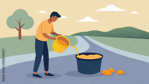 On the side of a dusty road a young man carefully dips freshly picked mango slices into a bubbling vat of liquid sugar creating a sticky tangy treat that will surely be sold out by. Vector