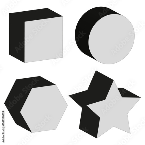 Three dimensional shapes. Geometric 3D objects. Abstract cube and star. Modern vector design.