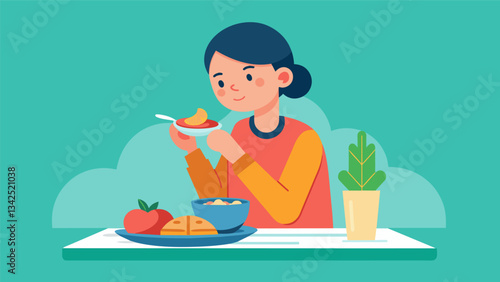 A person eats a meal by themselves taking the time to mindfully taste each bite and fully experience the nourishment and satisfaction it brings.. Vector illustration