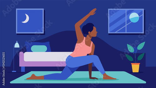 A person stretching their body on a yoga mat before climbing into bed releasing tension and promoting relaxation in the muscles for better sleep.. Vector illustration