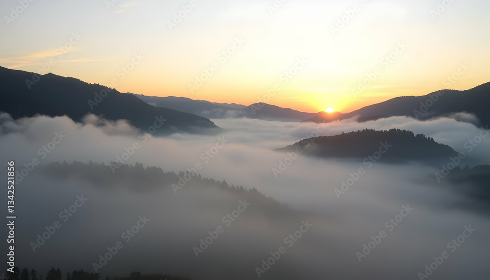 Fototapeta premium Majestic Sunrise Over Misty Mountain Valley Breathtaking View Nature Scenery