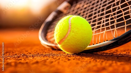 Tennis Ball and Racket on Clay Court