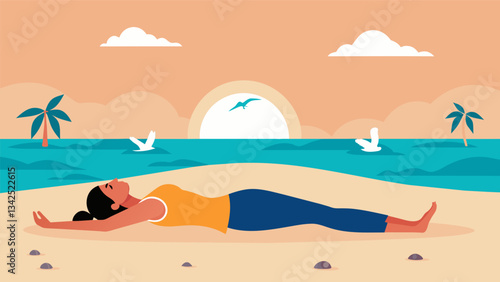 A final savasana at the end of a beach yoga session the sound of seagulls and crashing waves serving as a calming soundtrack as bodies and minds find true stillness and serenity.. Vector illustration