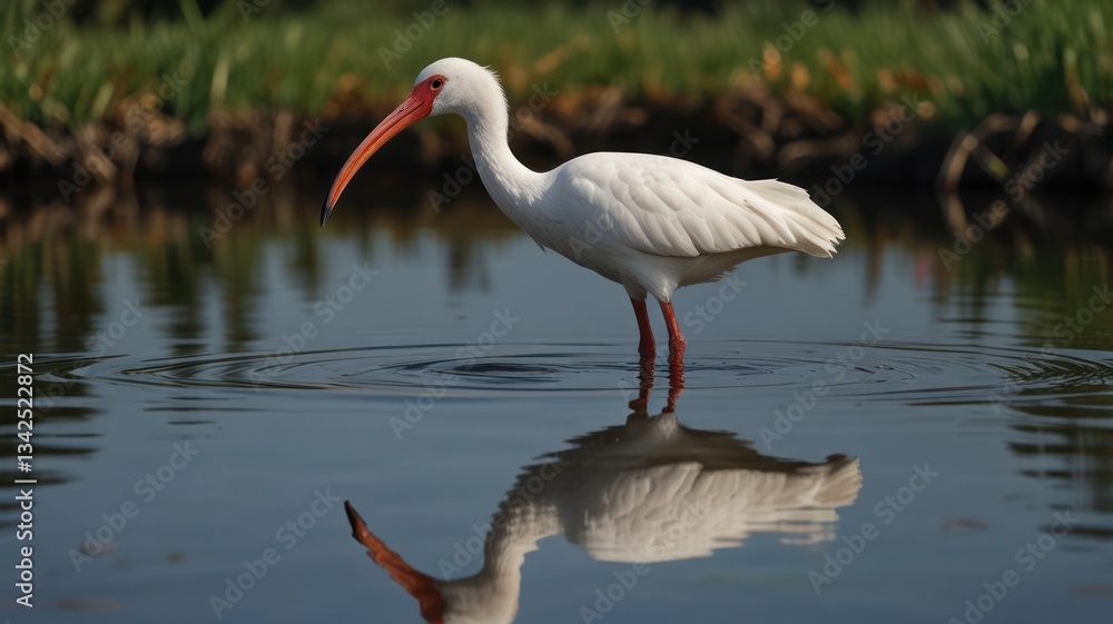 Obraz premium White bird wading in water, reflection