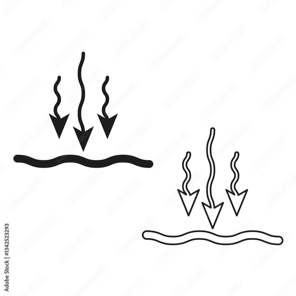Heat emission icons. Wavy abstract arrows. Black and white symbols. Vector minimalist shapes.