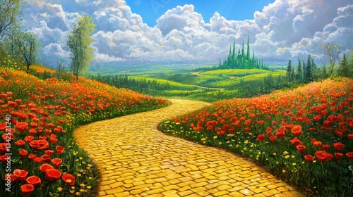 Yellow brick road leading through poppy field to green emerald city in the distance. Wizard of Oz concept.