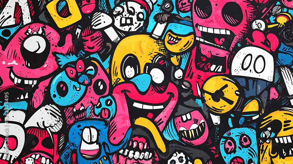 Fototapeta premium Colorful Urban Street Art: Bold, Bright Graffiti Mural Paintings