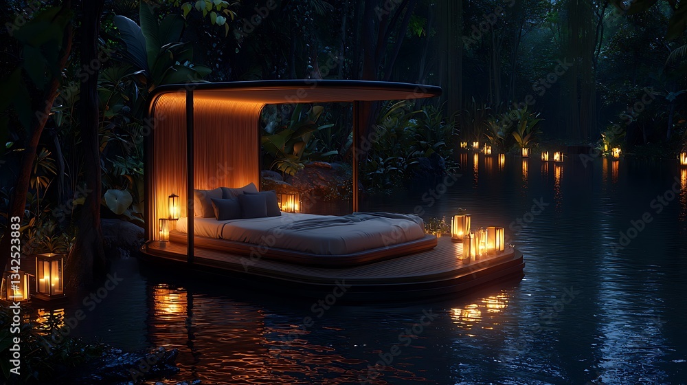 Obraz premium Tranquil Floating Bed Platform at Night