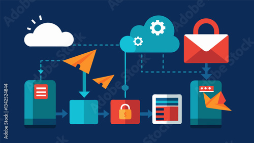 An illustration of data being encrypted and broken down into smaller unreadable packets before being transmitted through a network to prevent interception.. Vector illustration