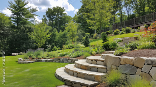 Beautiful Stone Wall and Steps in a Backyard Garden with Green Grass, Trees, and Shrubs on a Hillside, Leading to a Higher Level with Landscaping and Seating Areas, Home Garden Design Flowers Plants

