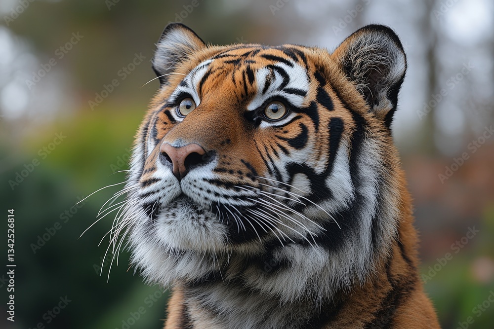 Fototapeta premium Stunning Profile Portrait of a Tiger Showcasing Its Striking Features and Majestic Presence in Nature's Vibrant Backdrop