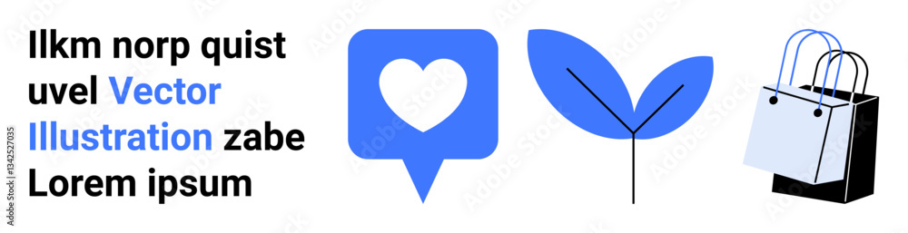 Heart in speech bubble, leaf sprout, shopping bags in minimalist style. Ideal for love, sustainability, nature, e-commerce, communication shopping marketing. Perfect flat landing page banner Heart in speech bubble, leaf sprout, shopping bags in minimalist style. Ideal for love, sustainability, nature, e-commerce, communication shopping marketing. Perfect flat landing page banner