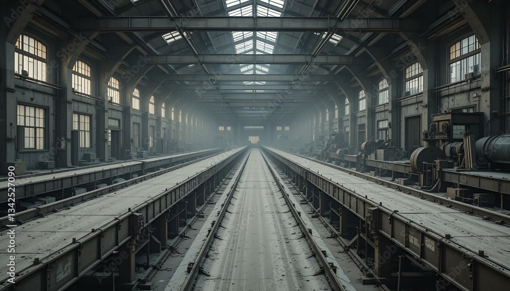 Abandoned Factory Conveyor Belts, an industrial scene of desolation, dust settles on unused machinery, silence reigns in a space once bustling with activity. Abandoned Factory Conveyor Belts, an industrial scene of desolation, dust settles on unused machinery, silence reigns in a space once bustling with activity.