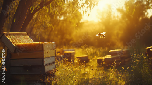 Beekeeping or Apiculture in the Australian Outback, Beekeepers Caring for Bees in a Bee Yard with Beehives, Honeycombs, and Bees Flying Home