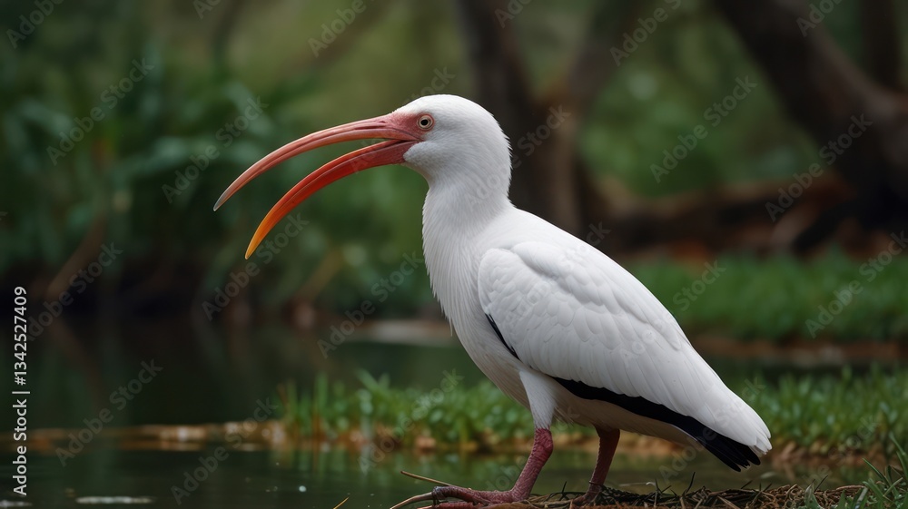 Obraz premium White bird with orange beak by water