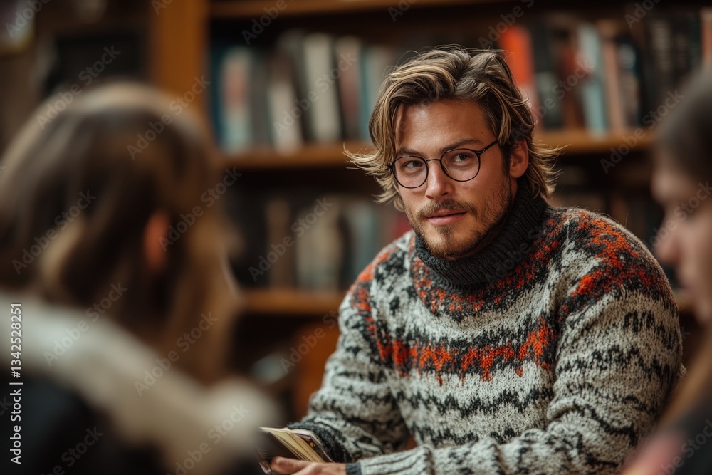 Professor Engages Students in a Lively Discussion About a Novel in a Cozy, Book-Filled Environment During a Literature Class Professor Engages Students in a Lively Discussion About a Novel in a Cozy, Book-Filled Environment During a Literature Class