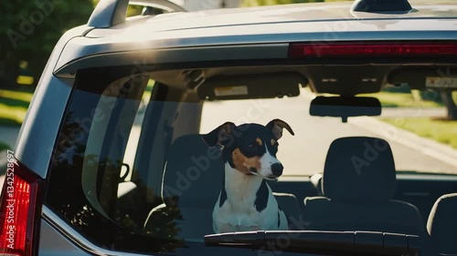 Cute dog looking curiously through the rear window of a parked car on a sunny day.
