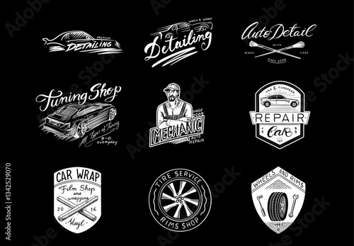 car detail centre or body shop badges. mechanic and other auto repair emblems for business . Wash and tire service in hand drawn engraved traditional style.