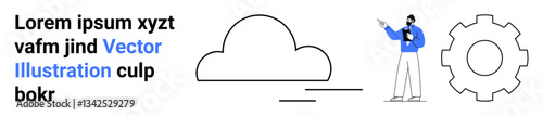 Man pointing to a cloud icon alongside a gear symbol representing teamwork, technology, and innovation. Ideal for tech strategy, cloud computing, data, development, presentation, teamwork simple