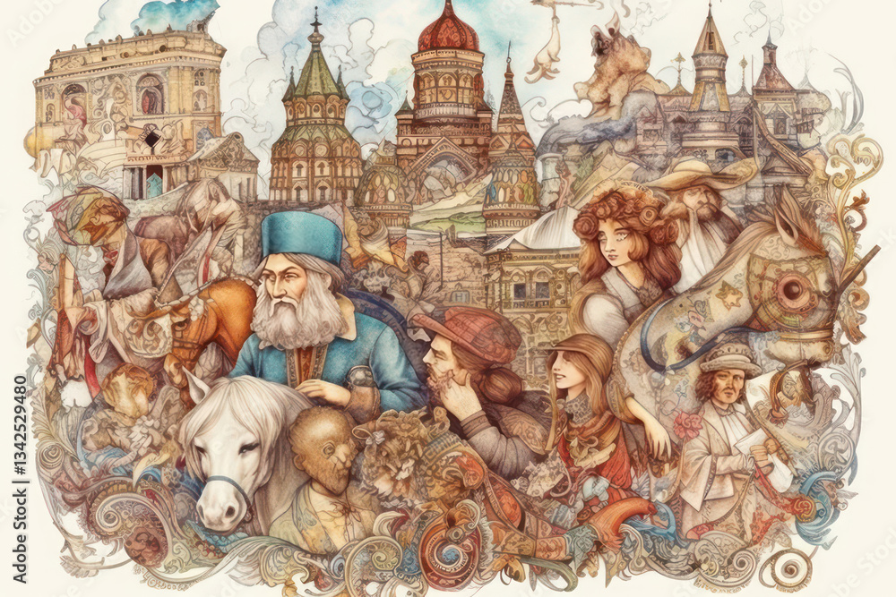 Obraz premium a colorful collage illustrating Russian history and culture. In the center is a man in traditional Russian clothing on a white horse, surrounded by other characters in historical costumes. 