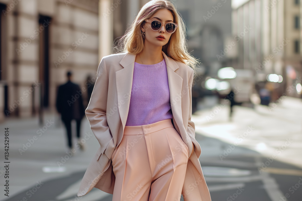 stylish woman confidently walking in pastel outfit with sunglasses on urban city street, chic modern fashion inspiration ideal for lifestyle and fashion advertising stylish woman confidently walking in pastel outfit with sunglasses on urban city street, chic modern fashion inspiration ideal for lifestyle and fashion advertising