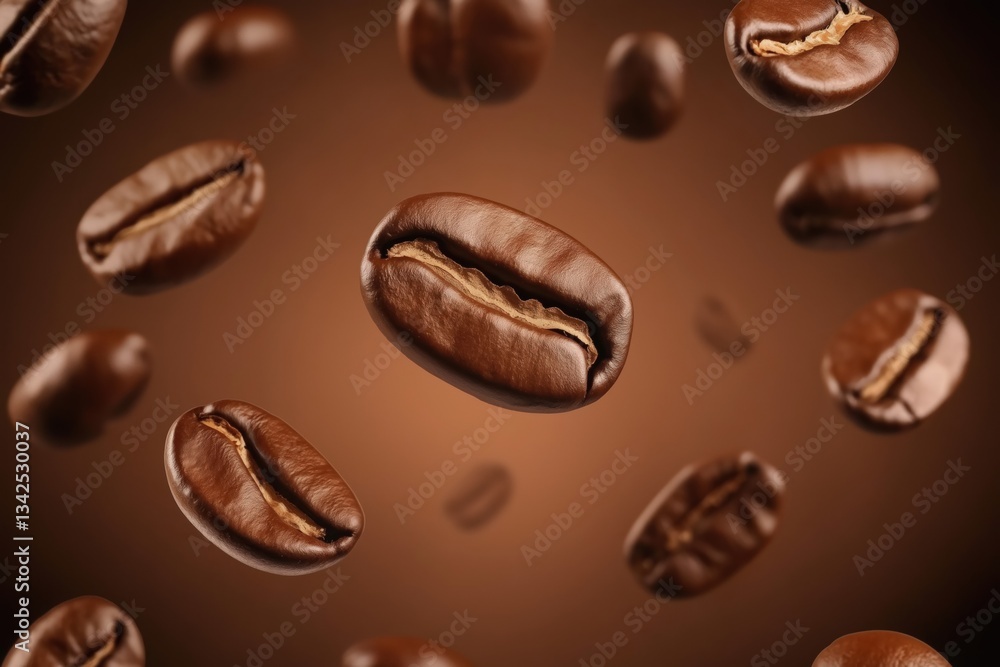 Fresh roasted coffee beans floating in midair on warm brown background Fresh roasted coffee beans floating in midair on warm brown background