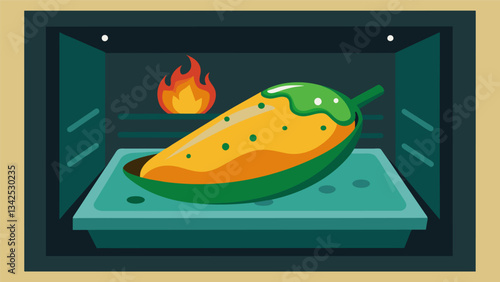 The chile relleno is then p in the oven to bake until the cheese is melted and bubbly.. Vector illustration