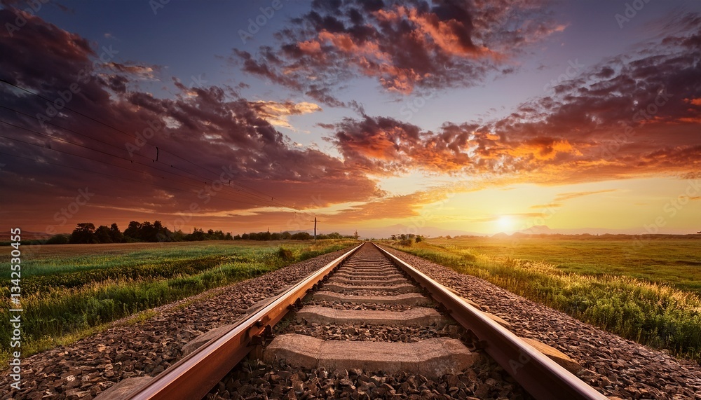 Obraz premium Evening view of railway road on beautiful dramatic sunset sky background- 4458