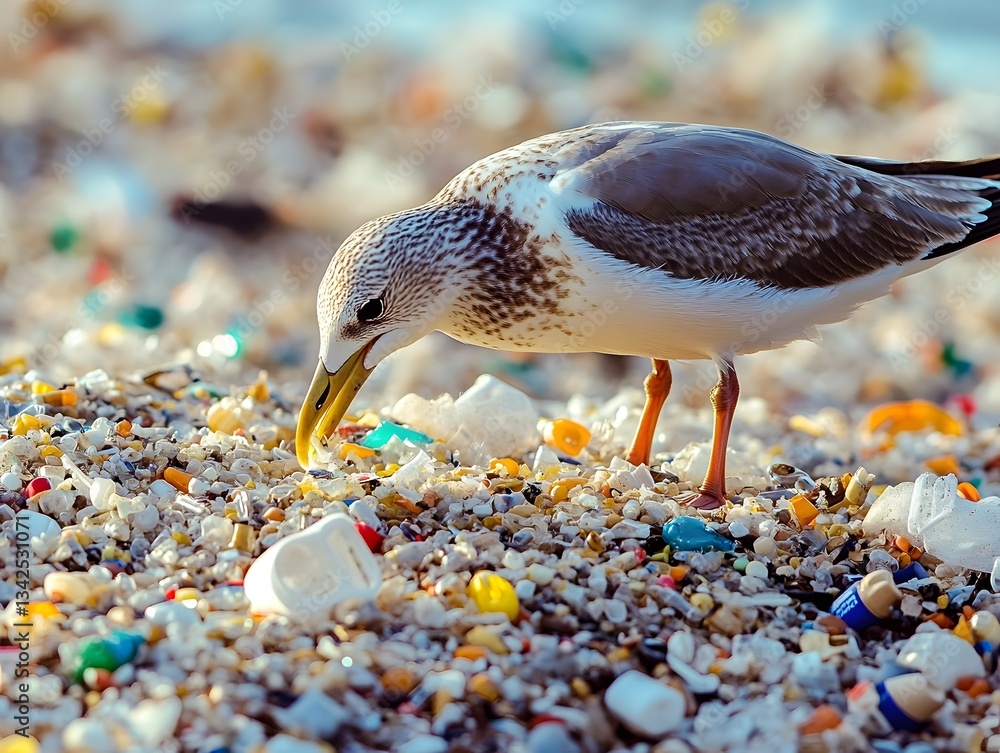 custom made wallpaper toronto digitalBird pecking at plastic-infused sand due to microplastic pollution