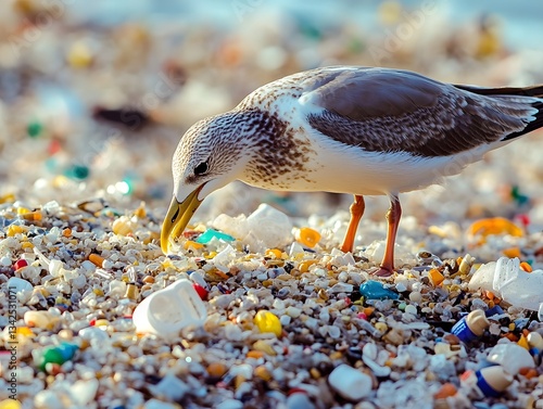 Wallpaper Mural Bird pecking at plastic-infused sand due to microplastic pollution Torontodigital.ca