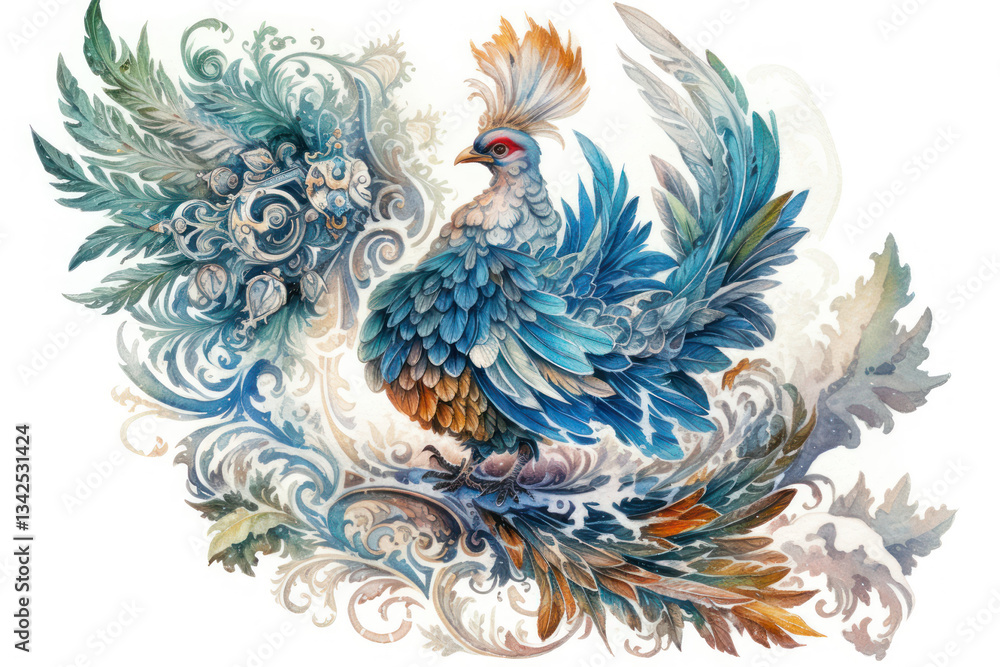 Fototapeta premium a fabulous peacock with bright and detailed plumage, made in watercolor technique. 