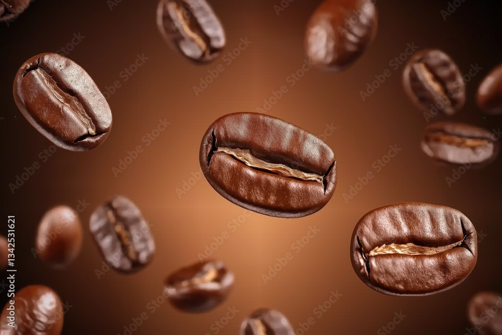 Glossy roasted coffee beans floating in midair on warm, rich brown background Glossy roasted coffee beans floating in midair on warm, rich brown background